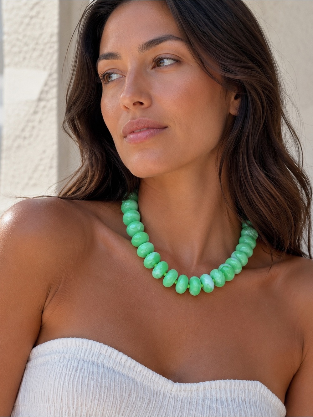 Chunky Light Green Beaded Statement Necklace - Summer Women's Jewelry - Picture 4 of 4